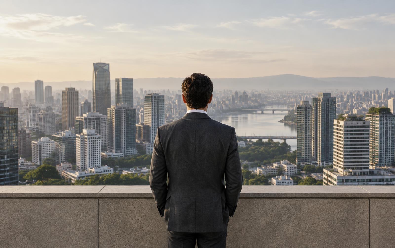 Homem de costas observa o horizonte de uma cidade a partir de um terraço