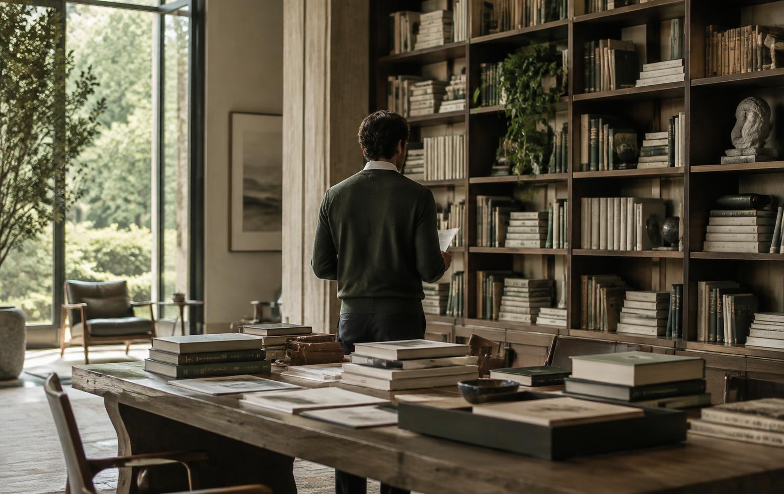 Homem consulta documentos diante de uma biblioteca em um ambiente sereno