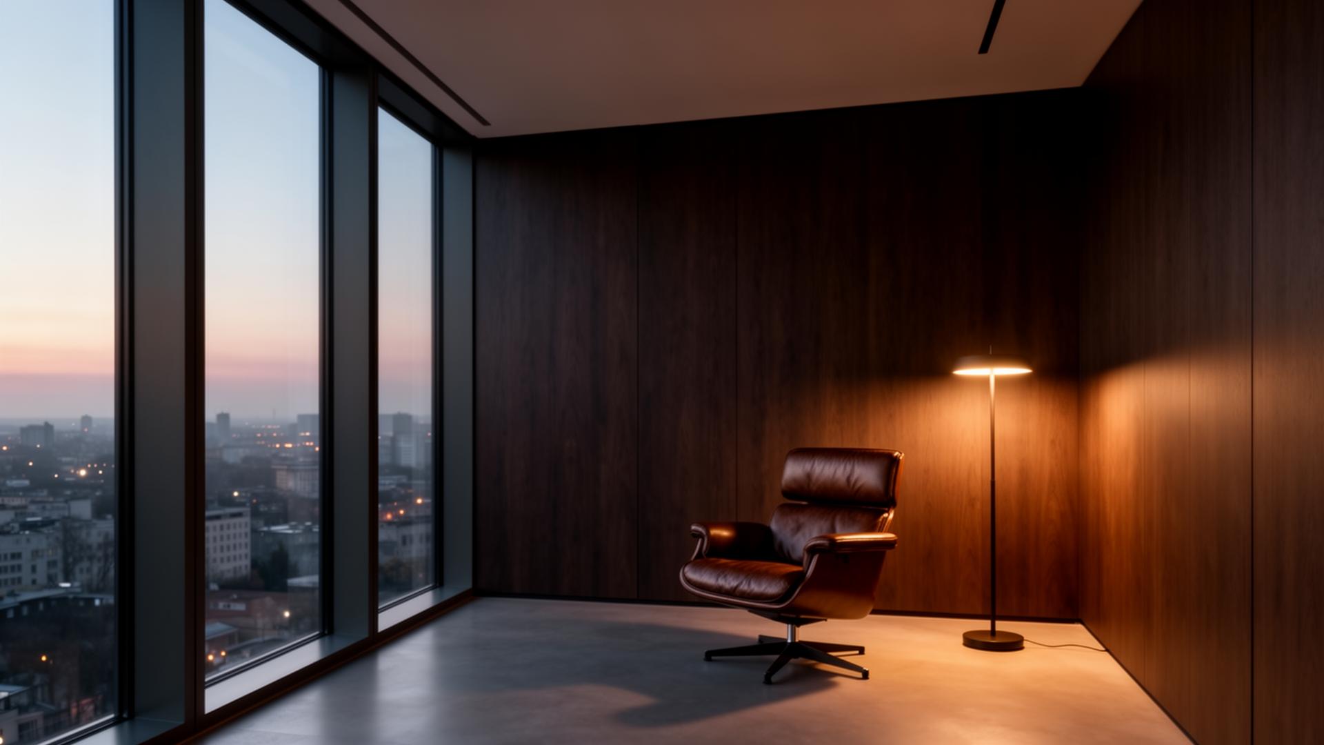 Interior de escritório minimalista com vista para a cidade ao entardecer